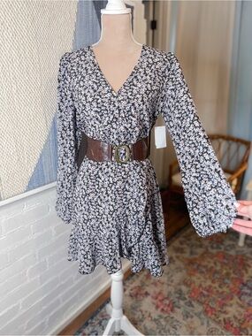 NWT Abound Black and Tan Floral Faux Wrap Dress